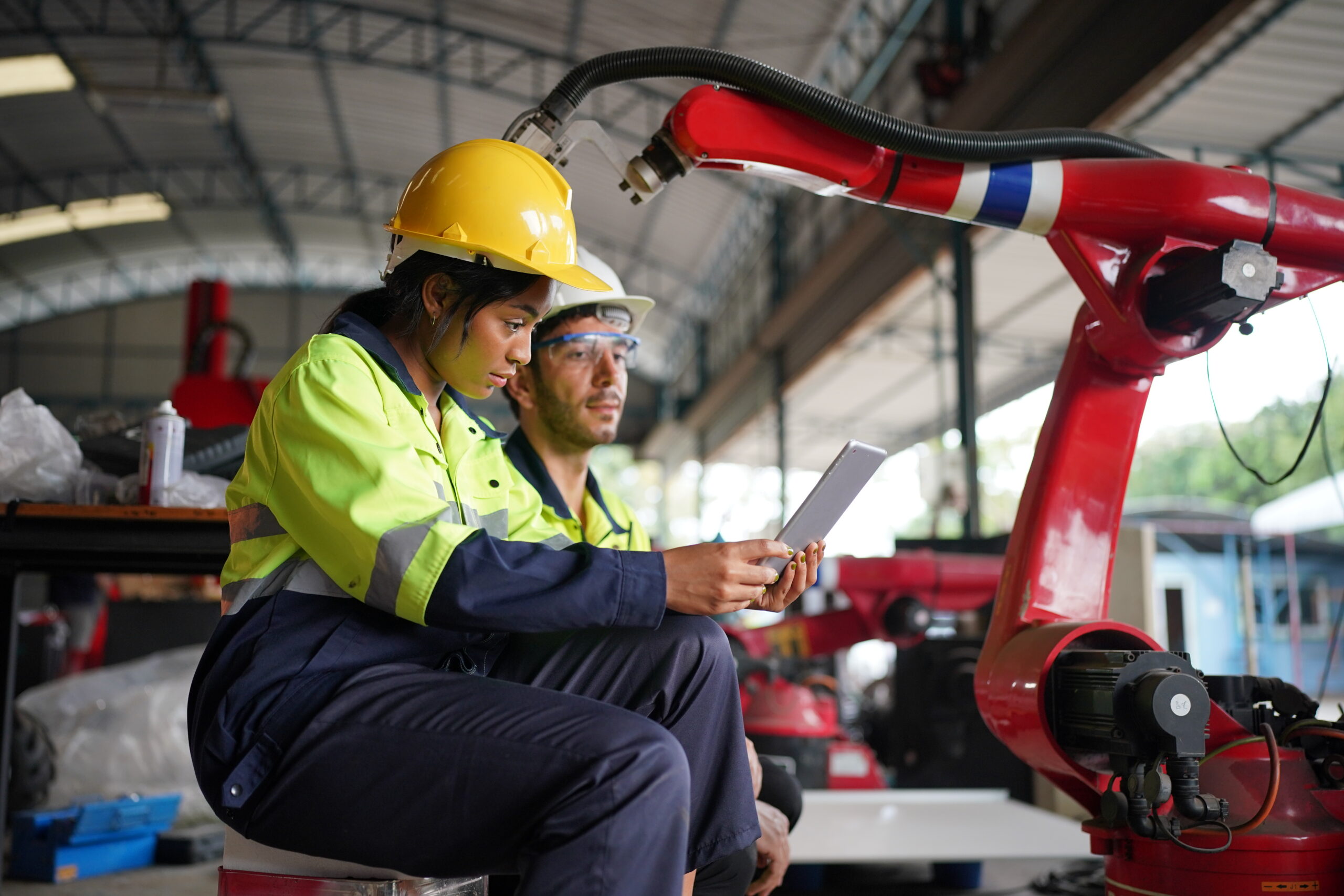 Robotics engineer working on maintenance of modern robotic arm in factory warehouse. Business technoloy.